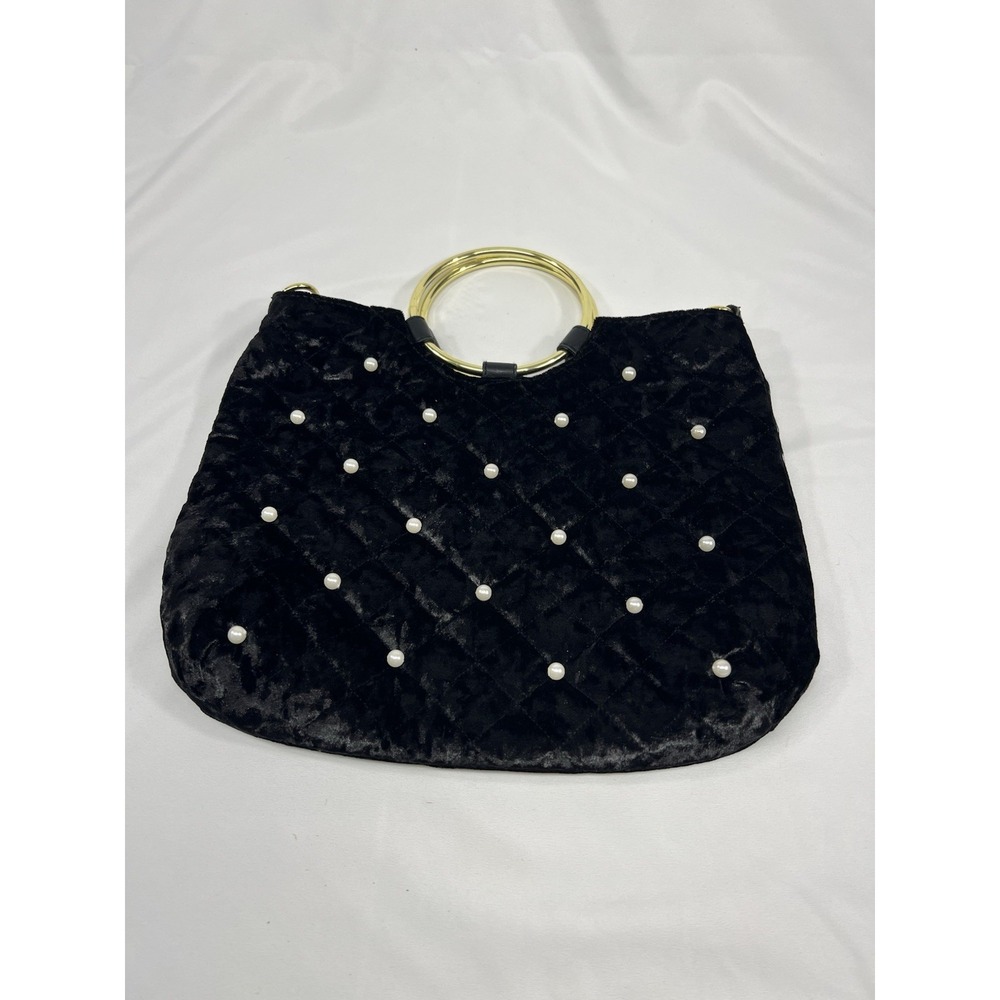 Black Velvet Quilted Handbag Purse With Faux Pearls With Gold Spring Handles - Picture 1 of 7